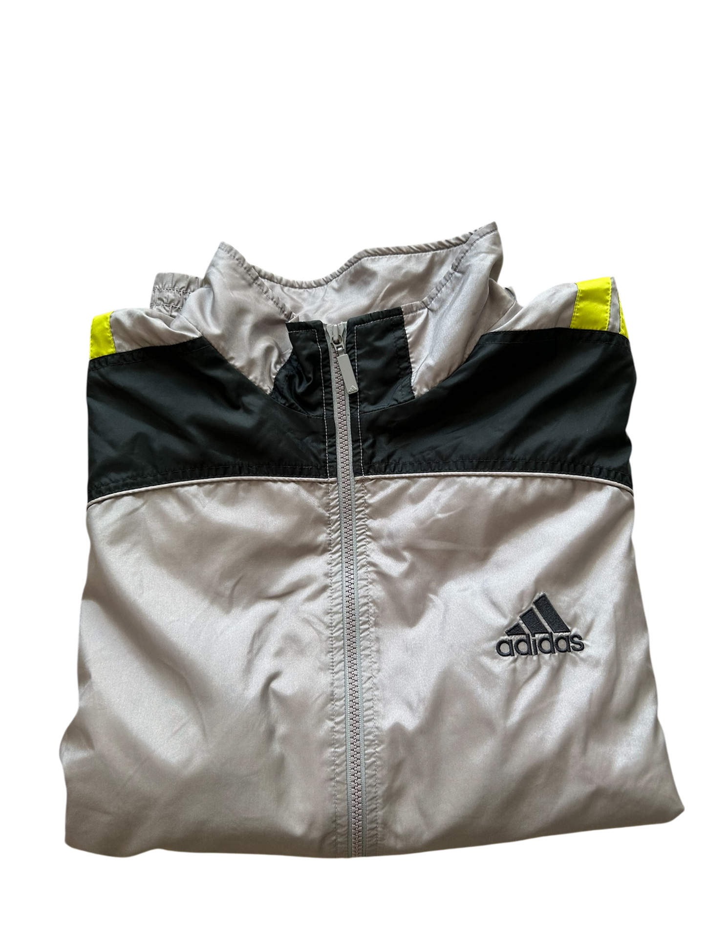 Adidas Vintage Windbreaker – Grau/Schwarz mit gelben Streifen (XL)
