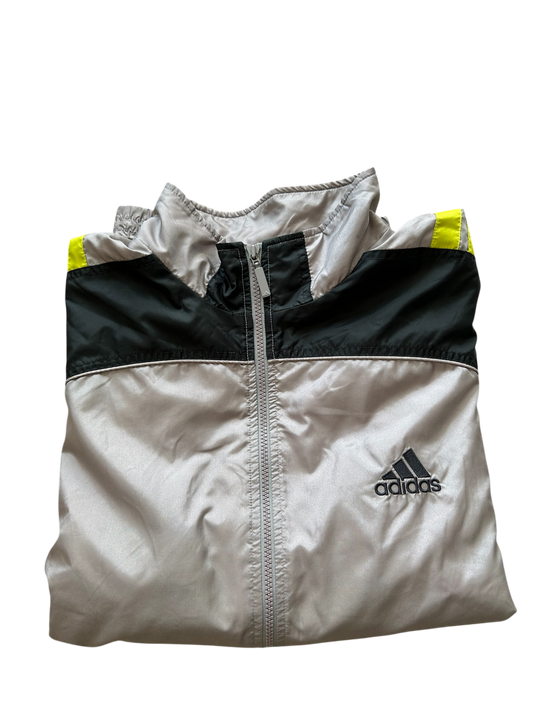 Adidas Vintage Windbreaker – Grau/Schwarz mit gelben Streifen (XL)