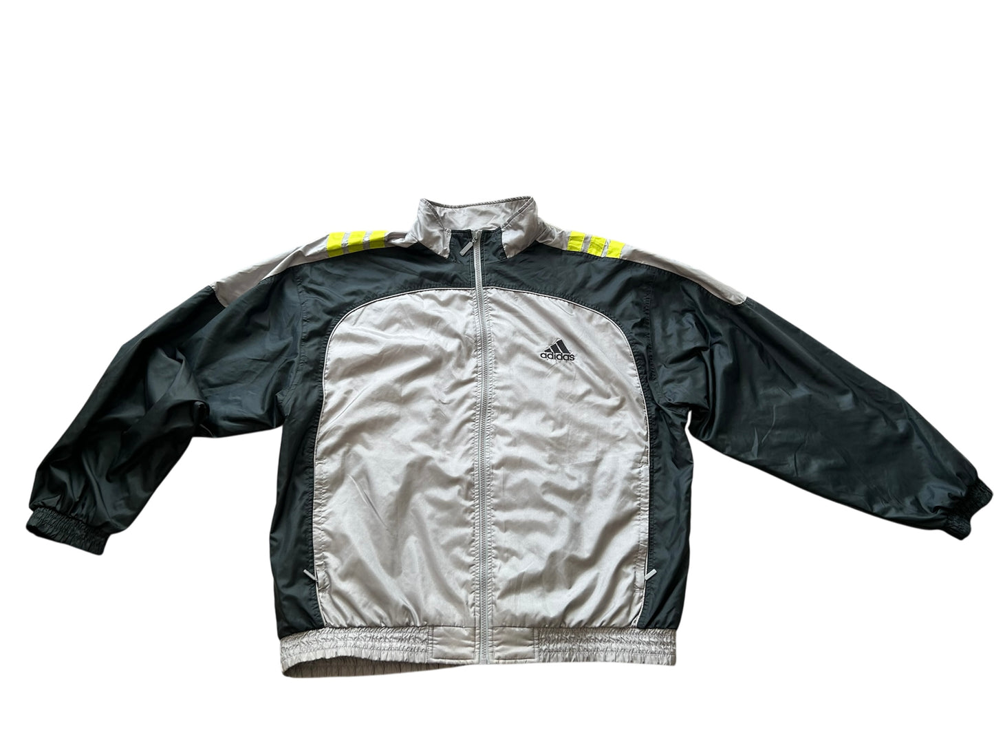 Adidas Vintage Windbreaker – Grau/Schwarz mit gelben Streifen (XL)